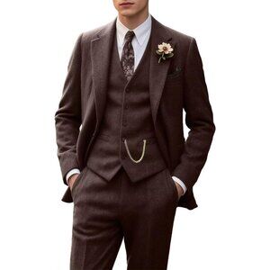 Men's Dark Brown 3 Piece Slim Fit Herringbone Suit Groom Tuxedo Wedding Set